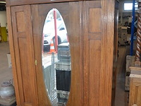 Oude houten halkast 1 deur met spiegel afm. 140x50x200, houten bank afm. 120x35, spiegel in houten kader - afbeelding 2 van  4