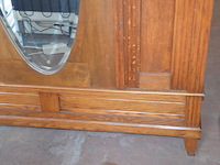 Oude houten halkast 1 deur met spiegel afm. 140x50x200, houten bank afm. 120x35, spiegel in houten kader - afbeelding 4 van  4