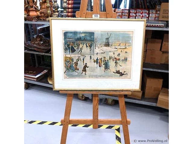 Oude kleurenlitho met een winterse schaatsscène in hollandse stijl - afbeelding 1 van  5