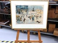 Oude kleurenlitho met een winterse schaatsscène in hollandse stijl
