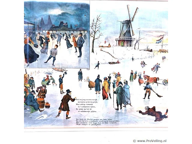 Oude kleurenlitho met een winterse schaatsscène in hollandse stijl - afbeelding 2 van  5