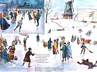 Oude kleurenlitho met een winterse schaatsscène in hollandse stijl - afbeelding 2 van  5