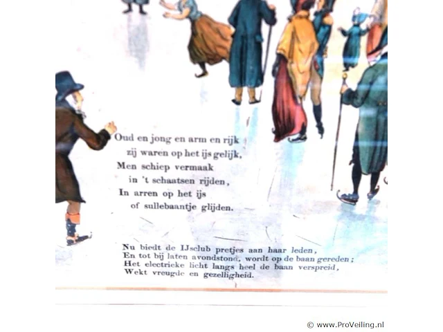 Oude kleurenlitho met een winterse schaatsscène in hollandse stijl - afbeelding 3 van  5