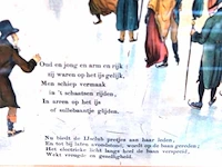 Oude kleurenlitho met een winterse schaatsscène in hollandse stijl - afbeelding 3 van  5
