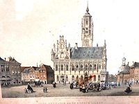 Oude kleurenlitho toont het laatgotische stadhuis van middelburg op de markt, getiteld het stadhuis op de groote markt - afbeelding 2 van  5