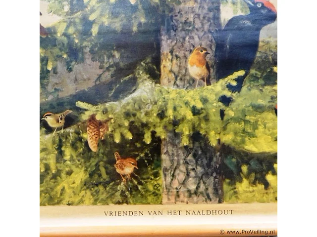 Oude linnen schoolwandplaat met de titel "vrienden van het naaldhout", gebaseerd op een olieverfschilderij van de zweedse kunstenaar thure wallner - afbeelding 3 van  5