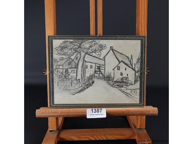 Oude naïeve tekening achter glas en in oude lijst - afbeelding 1 van  5