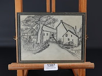 Oude naïeve tekening achter glas en in oude lijst - afbeelding 1 van  5