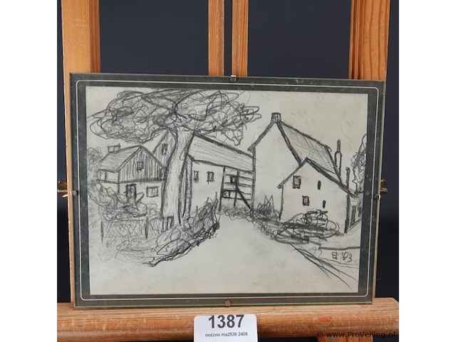 Oude naïeve tekening achter glas en in oude lijst - afbeelding 2 van  5