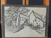 Oude naïeve tekening achter glas en in oude lijst - afbeelding 2 van  5
