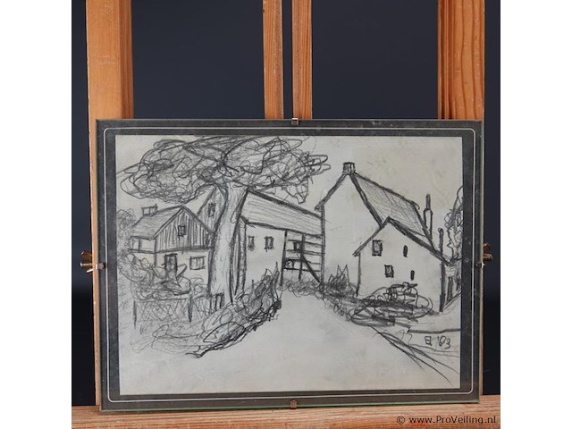 Oude naïeve tekening achter glas en in oude lijst - afbeelding 3 van  5