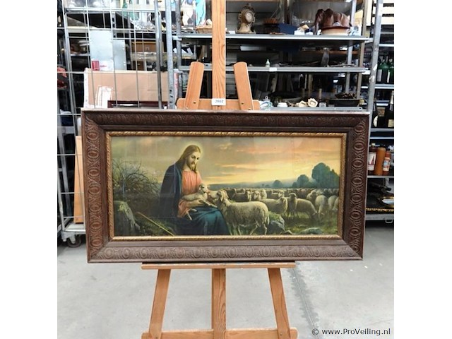 Oude religieuze voorstelling in fraaie gesneden houten lijst - afbeelding 1 van  5