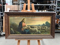 Oude religieuze voorstelling in fraaie gesneden houten lijst - afbeelding 1 van  5