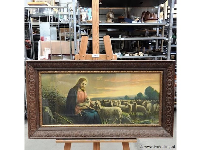 Oude religieuze voorstelling in fraaie gesneden houten lijst - afbeelding 2 van  5