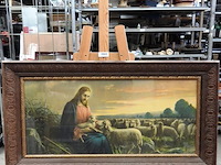 Oude religieuze voorstelling in fraaie gesneden houten lijst - afbeelding 2 van  5