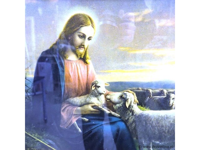 Oude religieuze voorstelling in fraaie gesneden houten lijst - afbeelding 3 van  5