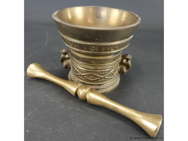 Oude/antieke bronzen vijzel met stamper - afbeelding 4 van  5