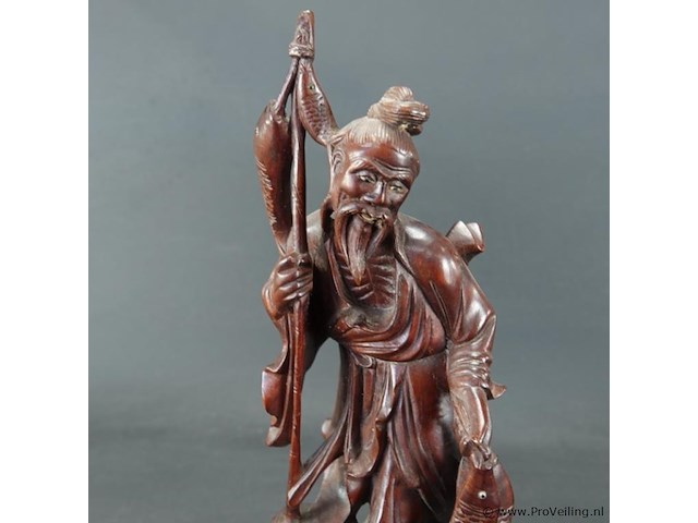 Oude/antieke in rozenhout gesneden chinese visserman - afbeelding 4 van  5