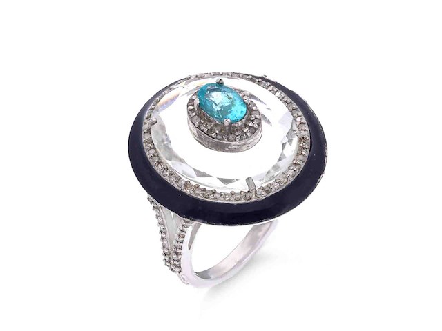 Ovaal gevormde ring met een blauwe apetiet, witte kristal, zwarte onix en natuurlijke diamanten - afbeelding 1 van  5