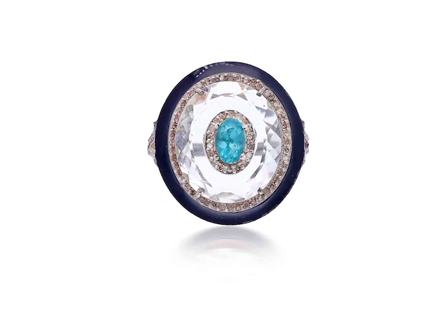 Ovaal gevormde ring met een blauwe apetiet, witte kristal, zwarte onix en natuurlijke diamanten - afbeelding 3 van  6