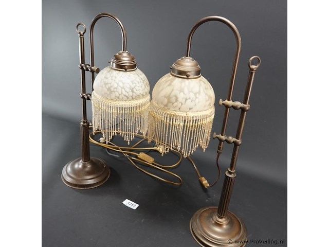 Paar antieke ganzennek koper/messing lampen - afbeelding 2 van  5