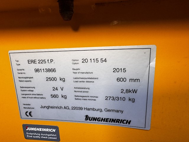Pallet wagen, jungheinrich, ere 225 fp, geel, 2015, elektrisch - afbeelding 3 van  10