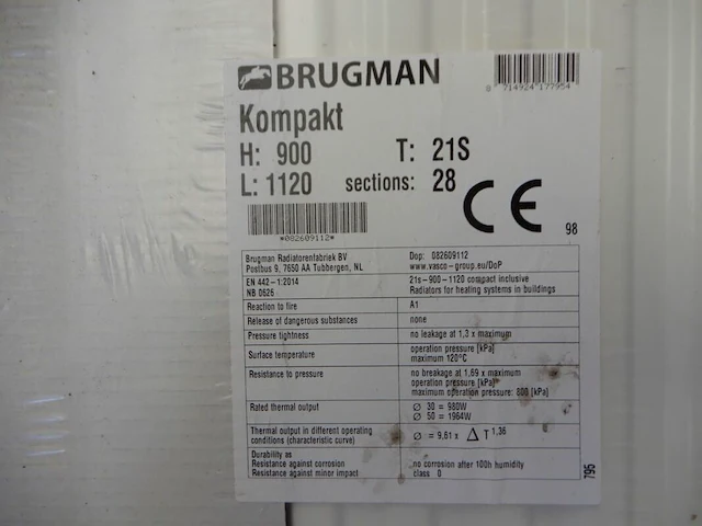 Paneelradiator, brugman, compact, wit, t21 900x1120 - afbeelding 4 van  5