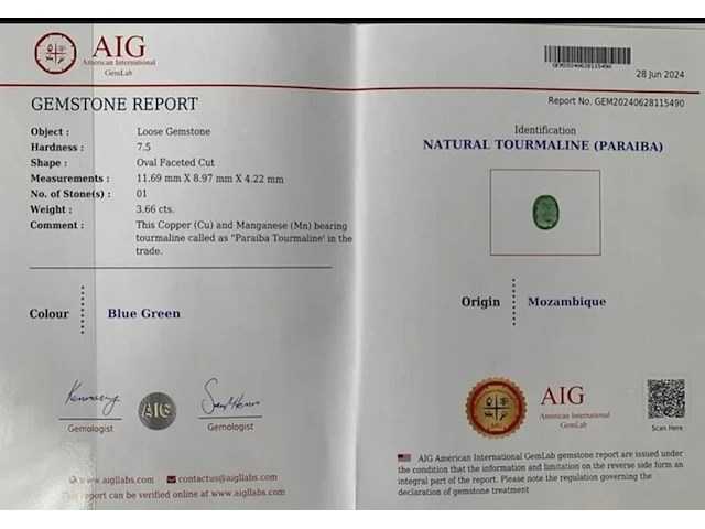 Paraiba-turmalin – 3.66 karat seltener natürlicher paraiba-turmalin (zertifiziert), groen - afbeelding 8 van  8