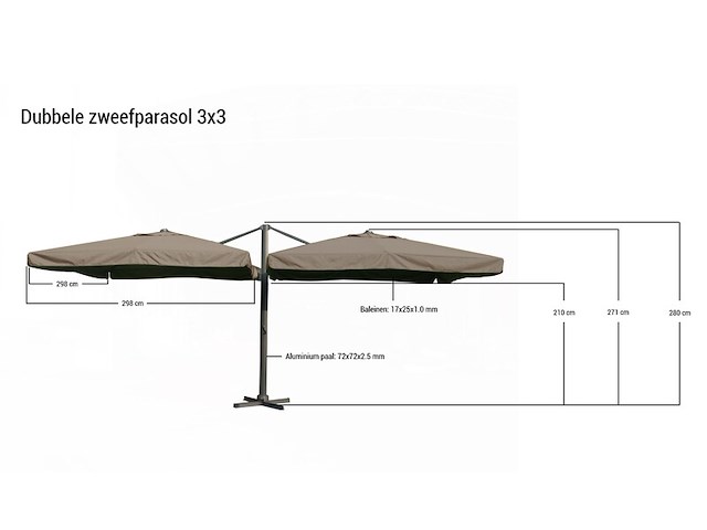 Parasol paralux, dubbel 3x3 m, taupe / sandy - afbeelding 2 van  3