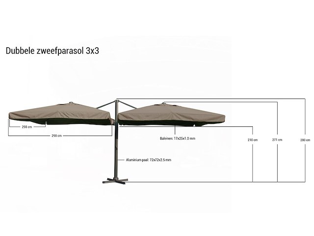 Parasol paralux, dubbel 3x3 m, wit - afbeelding 2 van  3