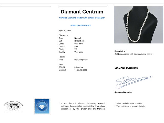 Parelsnoer met witgouden sluiting en diamant - afbeelding 4 van  10