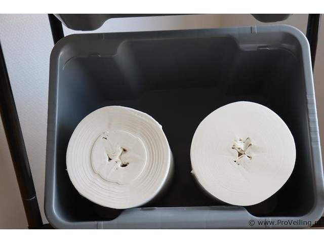 Partij diversen bestaande uit 2x kantinestoelen, 1x magazijnrek met uitneembare kunststof bakken & 6x poetspapier rollen - afbeelding 5 van  5