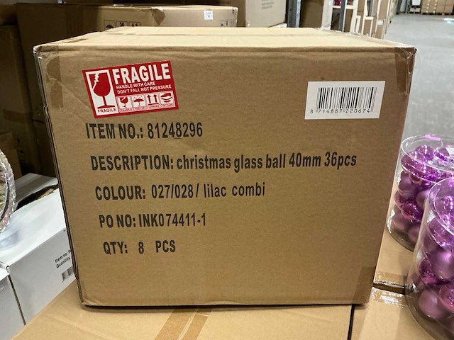 Partij glazen kerstballen 40mm 36/tube lilac combi (160 tubes) - afbeelding 4 van  4