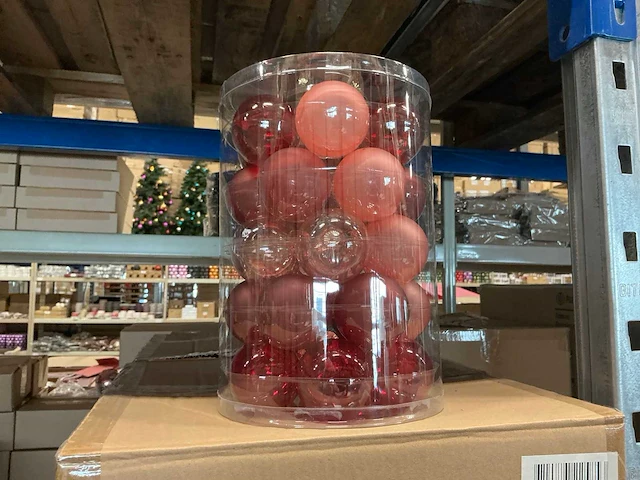 Partij glazen kerstballen 60mm red,pink,orange transp/mat 30/tube (72 tubes) - afbeelding 1 van  4