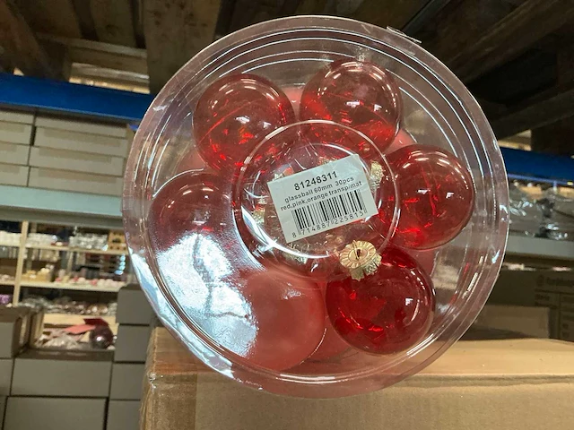 Partij glazen kerstballen 60mm red,pink,orange transp/mat 30/tube (72 tubes) - afbeelding 2 van  4
