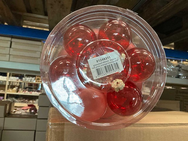 Partij glazen kerstballen 60mm red,pink,orange transp/mat 30/tube (72 tubes) - afbeelding 1 van  2
