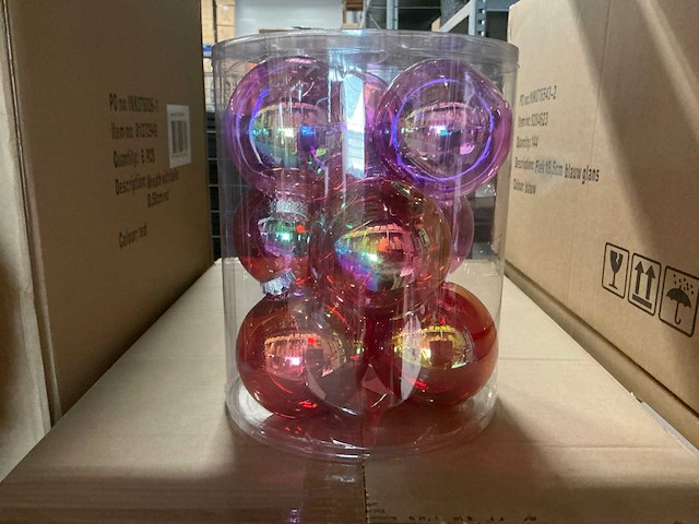 Partij kerstballen unbreakable d10cm transparant red-pink 9/tube (30 tubes) - afbeelding 1 van  4