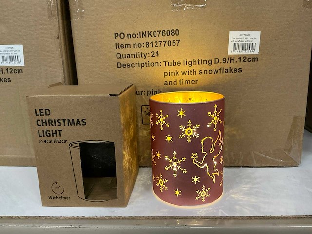 Partij led christmas light ø9/h12cm pink with snowflakes and timer (144x) - afbeelding 1 van  1