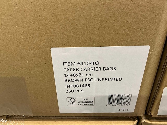 Partij paper carrier bags 14+8x21cm brown fsc unprinted (7000x) - afbeelding 3 van  4