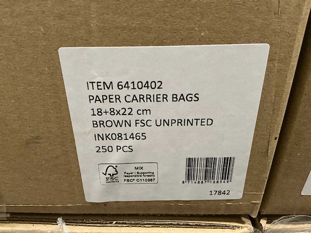 Partij paper carrier bags 18+8x22cm brown fsc unprinted (6000x) - afbeelding 4 van  5