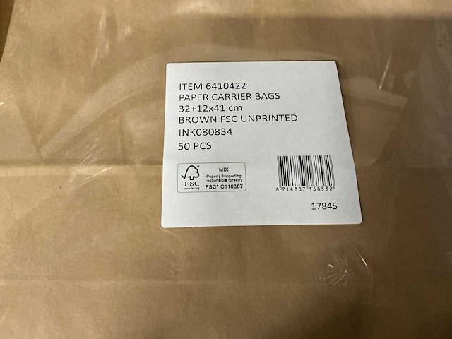 Partij paper carrier bags 32+12x41cm brown fsc unprinted (1500x) - afbeelding 5 van  7