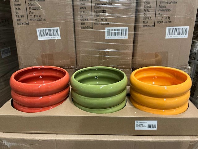 Partij pot ribbed d18/h14,5cm green/orange/yellow dolomite (216x) - afbeelding 1 van  5