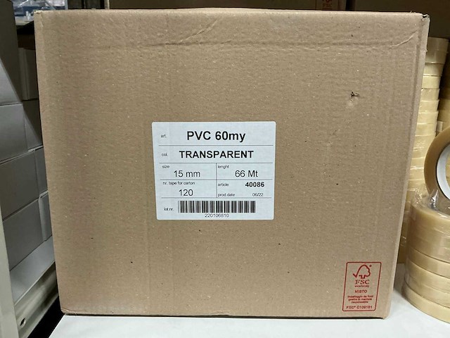 Partij pvc 60my transparant tape 15mm 66mt (680x) - afbeelding 3 van  3
