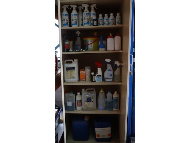 Partij schoonmaakmiddelen o.a. hg vuilafstotende polish voor kunststof, wasbenzine & ammoniak - afbeelding 1 van  5