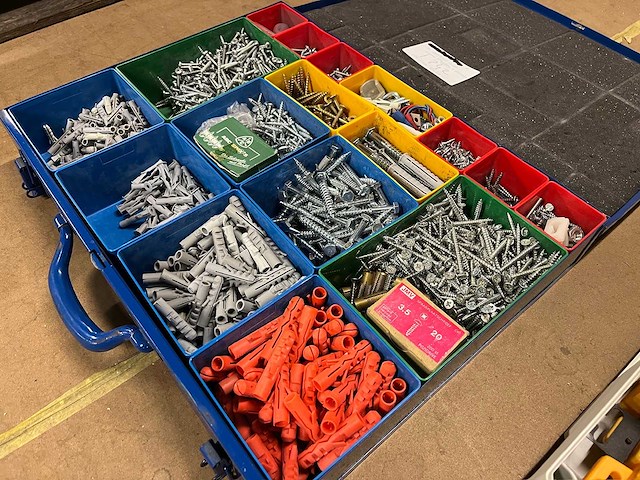 Partij schroeven en pluggen (ca. 1000) in metalen assortimentskist - afbeelding 1 van  2