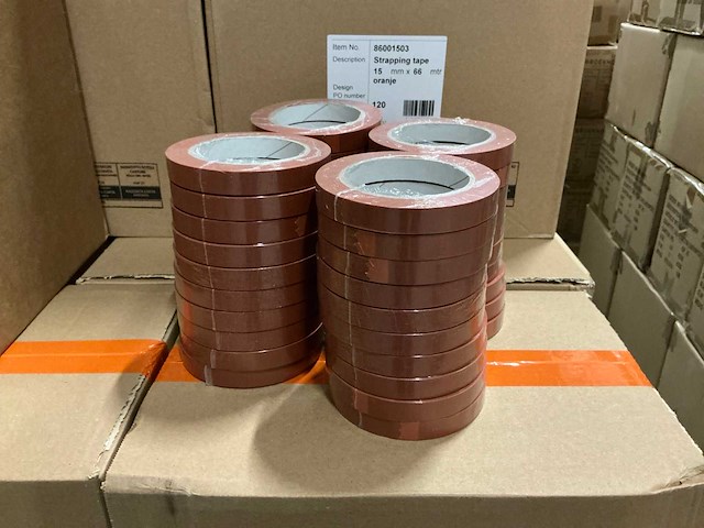 Partij strapping tape 15mmx66mtr oranje (1720x) - afbeelding 1 van  3