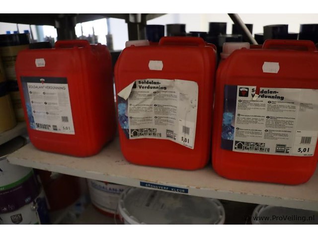 Partij verf bestaande uit o.a. keim soldalan sol-silicaat buitenmuurverf me, soldalan-verdunning, sigma mortar 2k ep base + hardner, toupret murex & sikkens wapex 529 multicolour vlokken - afbeelding 9 van  20