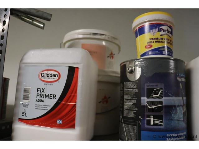 Partij verf bestaande uit o.a. ppg façade topcoat gevelverf matt, sikkens alphatex sf, primer, diepgrond, perfax wandlijm, wijzonol gevelcoat & caparo muresko buitenmuurverf - afbeelding 12 van  16