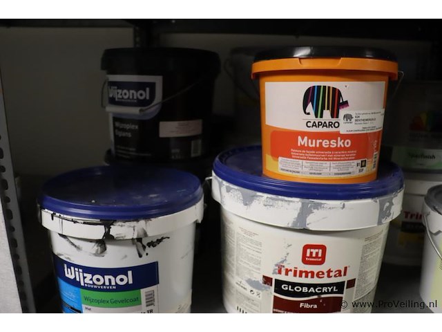 Partij verf bestaande uit o.a. ppg façade topcoat gevelverf matt, sikkens alphatex sf, primer, diepgrond, perfax wandlijm, wijzonol gevelcoat & caparo muresko buitenmuurverf - afbeelding 13 van  16