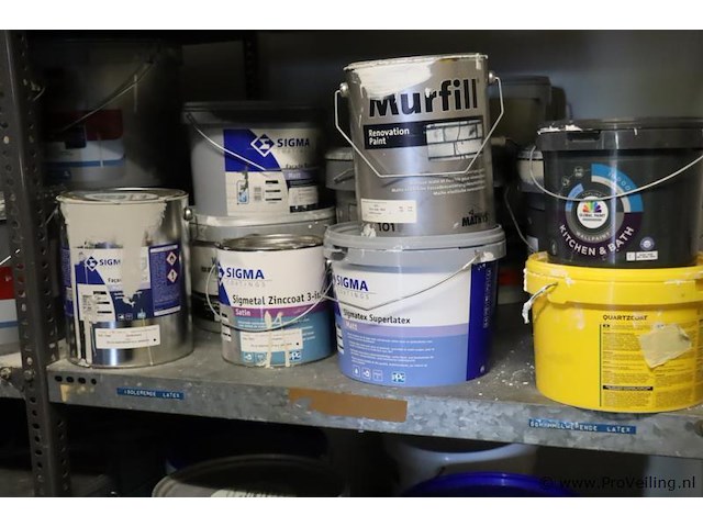 Partij verf bestaande uit o.a. ppg sigmatex binnenmuurverf superlatex, murfill renovatie verf, sigma zinccoat, global paint spacfinish & sikkens alpatex sf matte muurverf - afbeelding 3 van  10